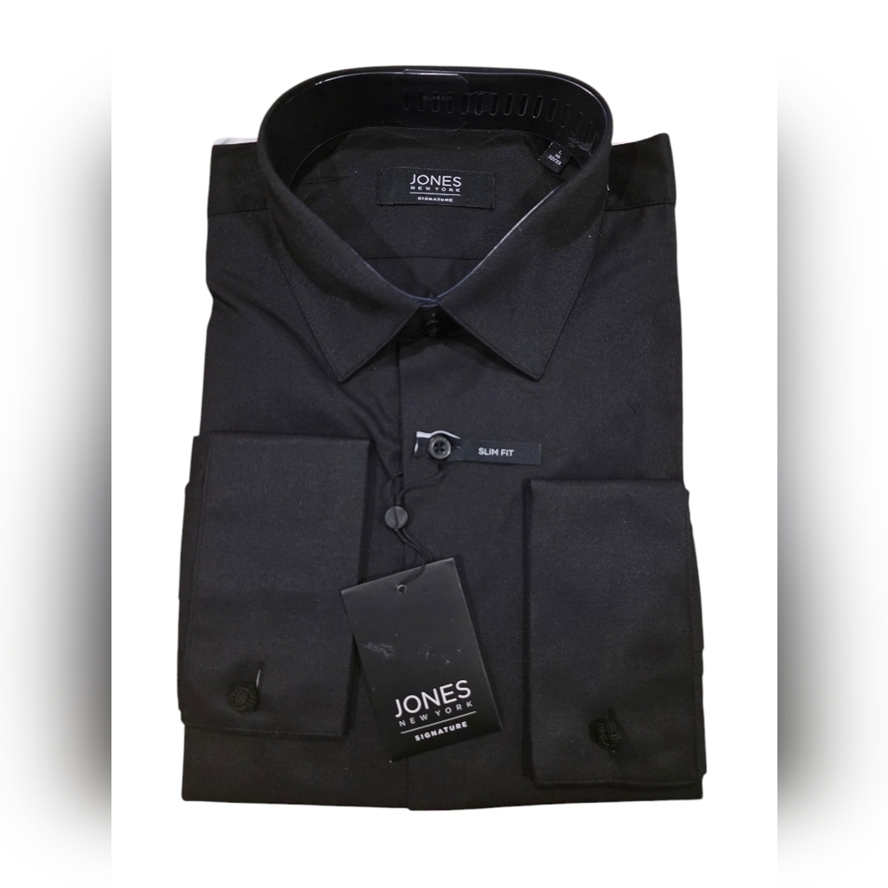 NWT Jones New York Black Herring Bone Long Sleeve Dress Shirt Slim Fit Size L